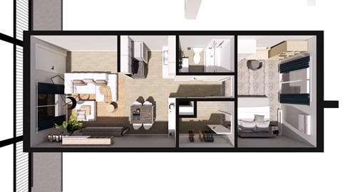 A modern apartment layout with a kitchen, living room, and bedrooms.